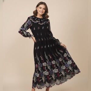 Vintage Embroidered Floral Maxi Dress Sheer Mesh Prairie Folk Cottagecore